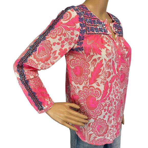 J. Crew Embroidered Cotton Popover Top Pink Floral 3/4 Sleeve Size 00 - Picture 3 of 10